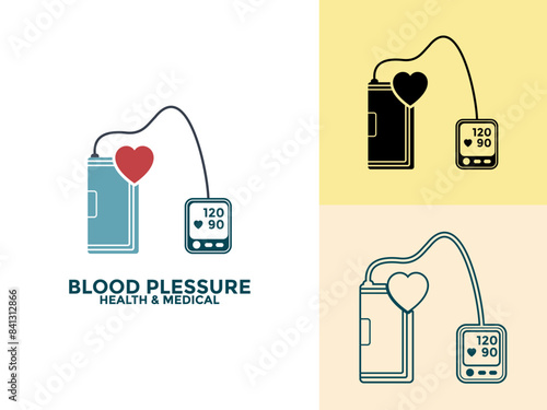 Blood pressure and healthcare logo and icon concept. Blood pressure meter and heart, vector flat style