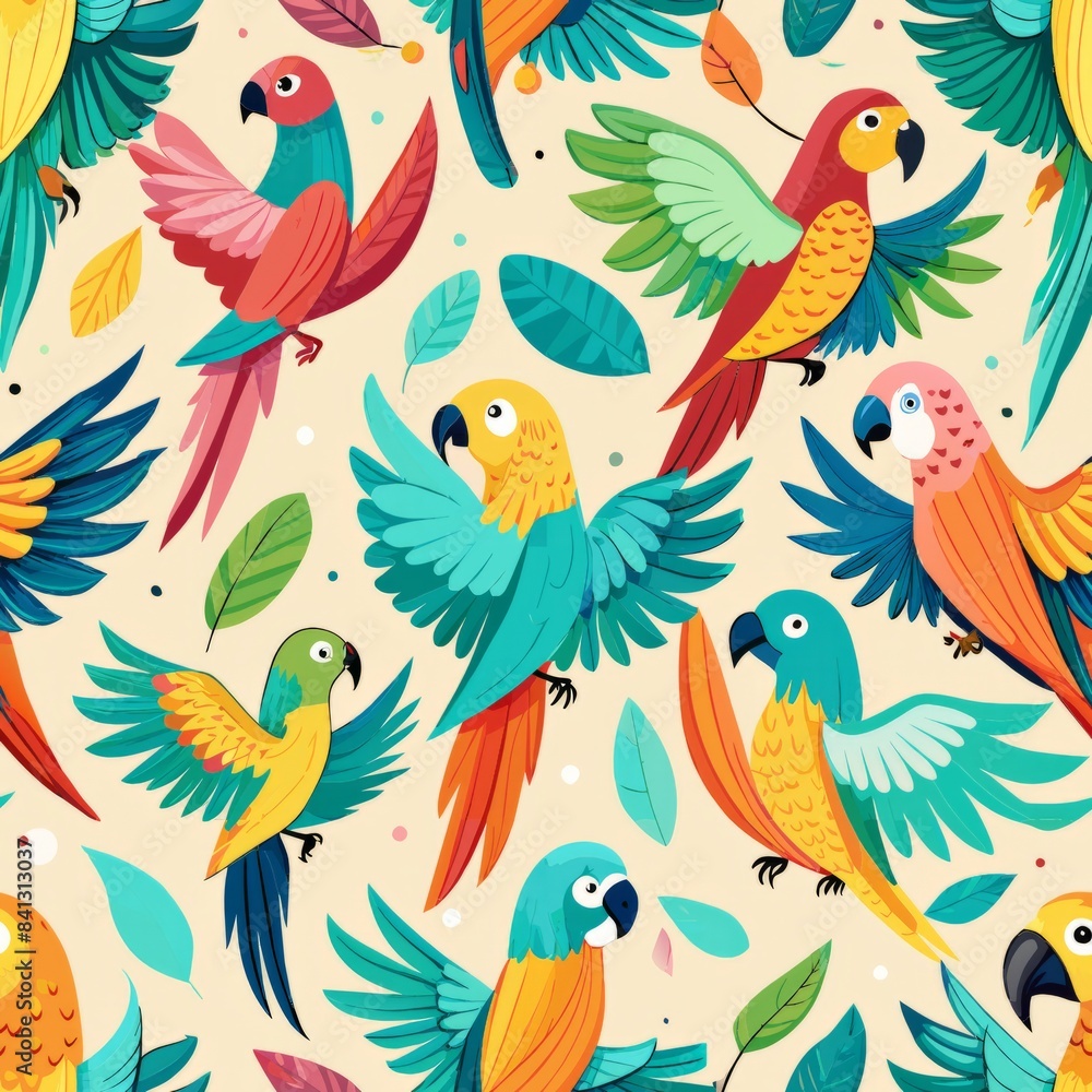 Seamless pattern of playful parrots with colorful feathers and perches, Generative AI