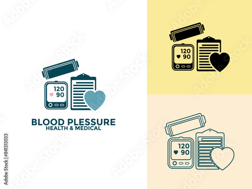 Blood pressure and healthcare logo and icon concept. Blood pressure meter and heart, vector flat style