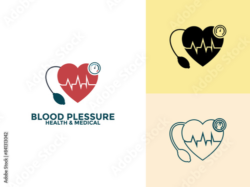 Blood pressure and healthcare logo and icon concept. Blood pressure meter and heart, vector flat style