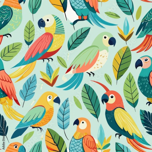 Seamless pattern of playful parrots with colorful feathers and perches, Generative AI