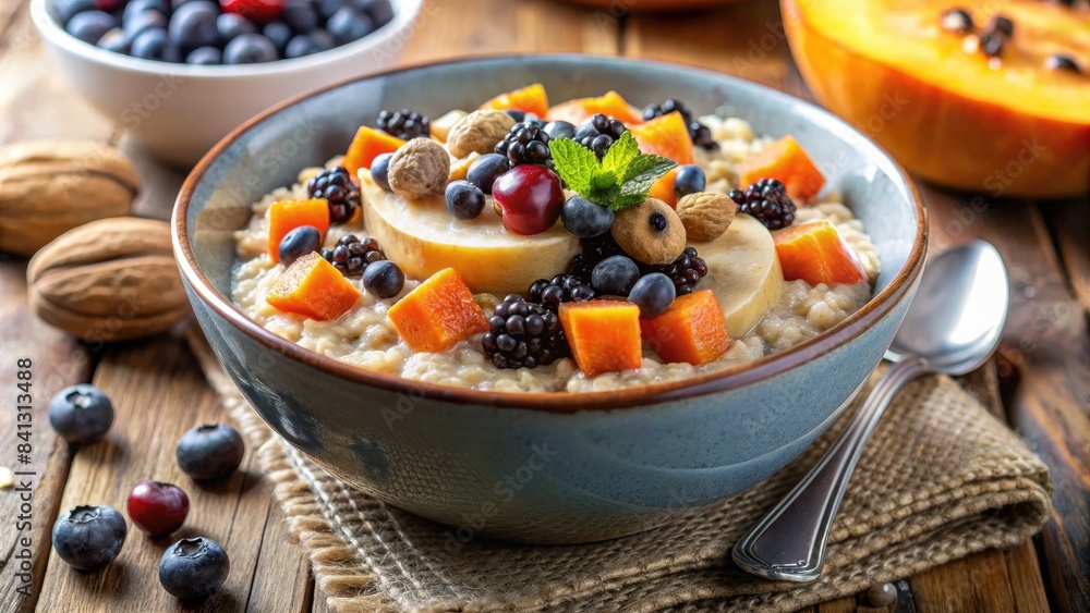Bowl of oatmeal topped with fresh fruits and nuts. Bowl of oatmeal topped with fresh fruits and nuts.