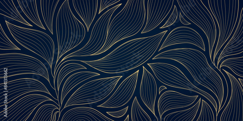 Vector leaf luxury wallpaper, floral gold on blue background, art deco line jungle texture. Nature elegant vintage illustration, fancy decoration, classic print.
