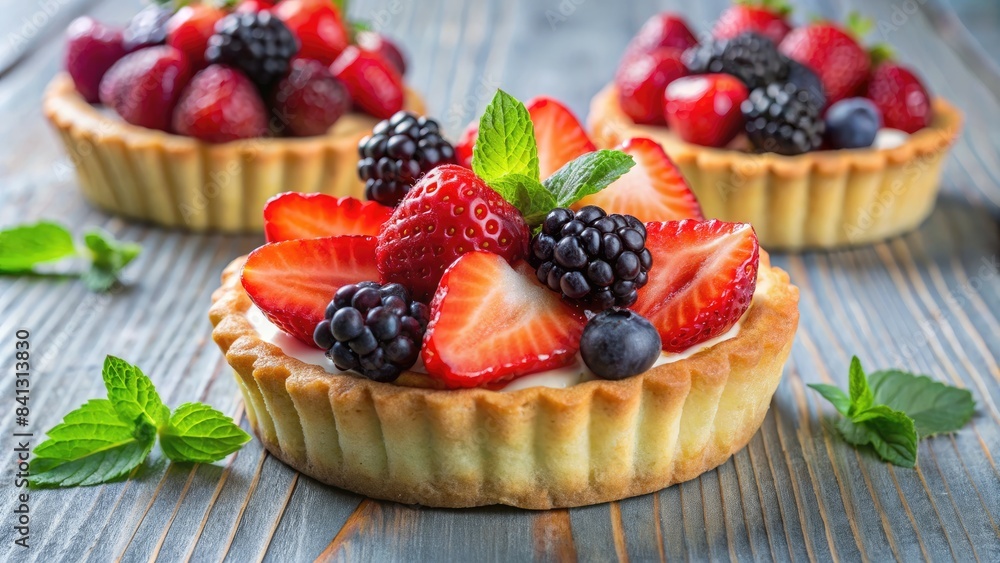 Fruit tarts topped with strawberries and mint. Fruit tarts topped with strawberries and mint.