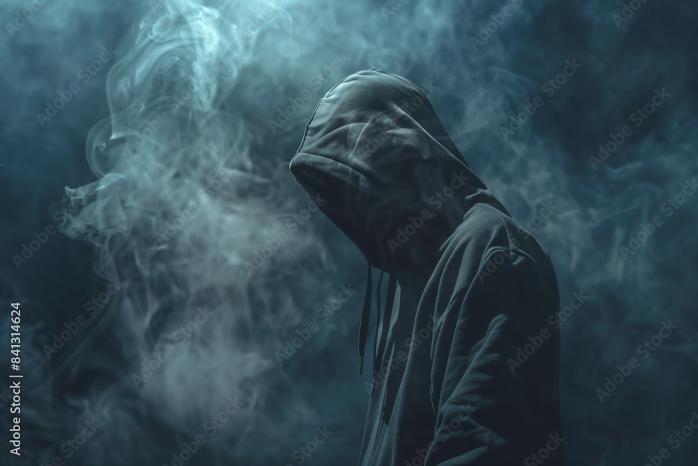 a man in a hoodie standing in front of a smoke filled background a man in a hoodie standing in front of a smoke filled background