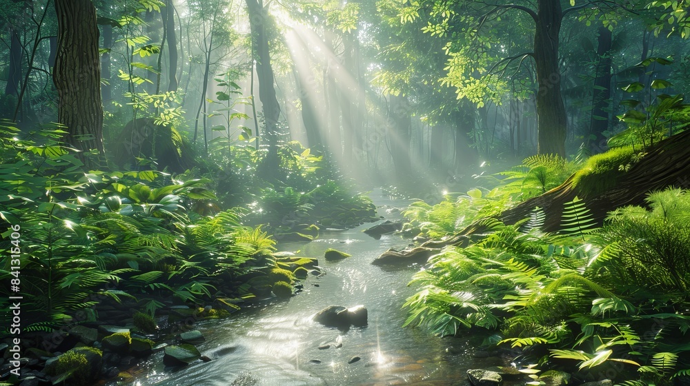 Obraz premium Dense forest with a small stream, sunlight filtering through the trees, lush greenery, hyper-realistic