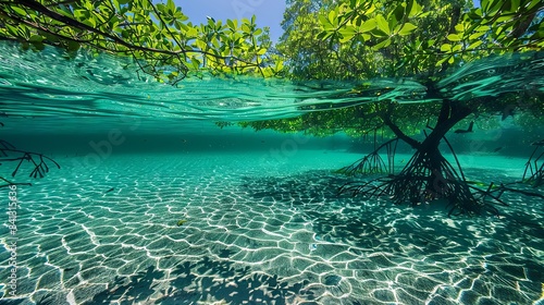 Clear water and mangrove trees underwater