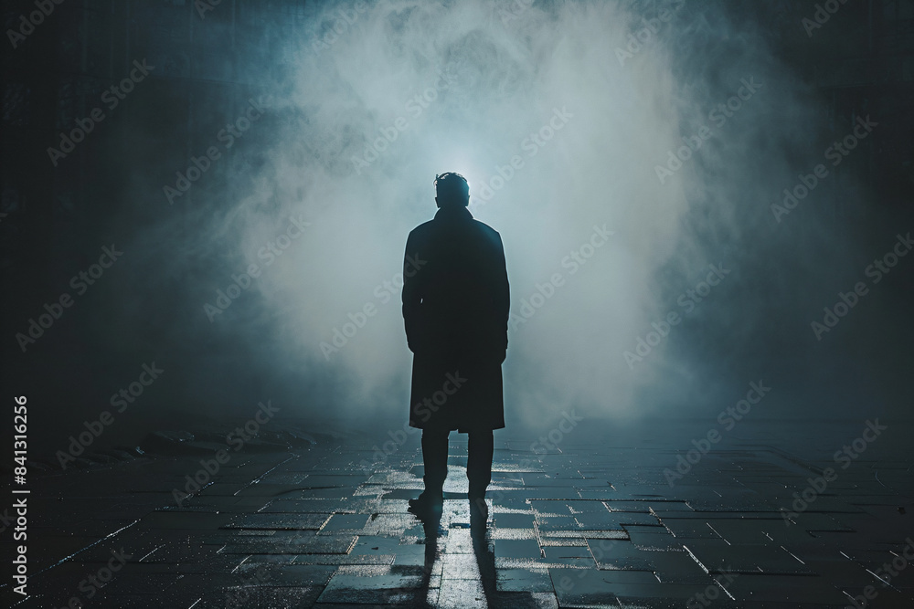 Obraz premium a man standing in the dark with a foggy background