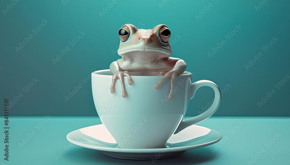 A frog peeks out from a white teacup against a teal background. This whimsical and charming scene captures the frog's curious expression and creates a playful, lighthearted atmosphere.