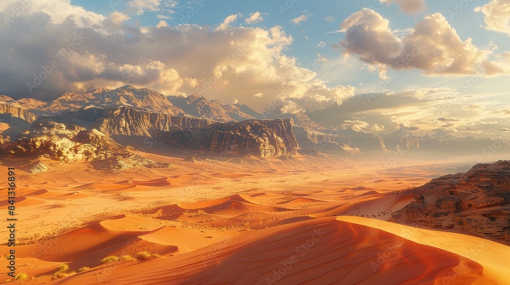 Fototapeta premium Capture the grandeur of a desert landscape from a worms-eye view Show towering sand dunes with intricate textures and golden hues Use digital techniques to create a photorealistic