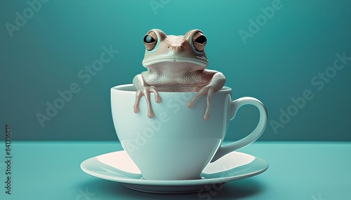 Obraz na płótnie A frog peeks out from a white teacup against a teal background. This whimsical and charming scene captures the frog's curious expression and creates a playful, lighthearted atmosphere.
w salonie