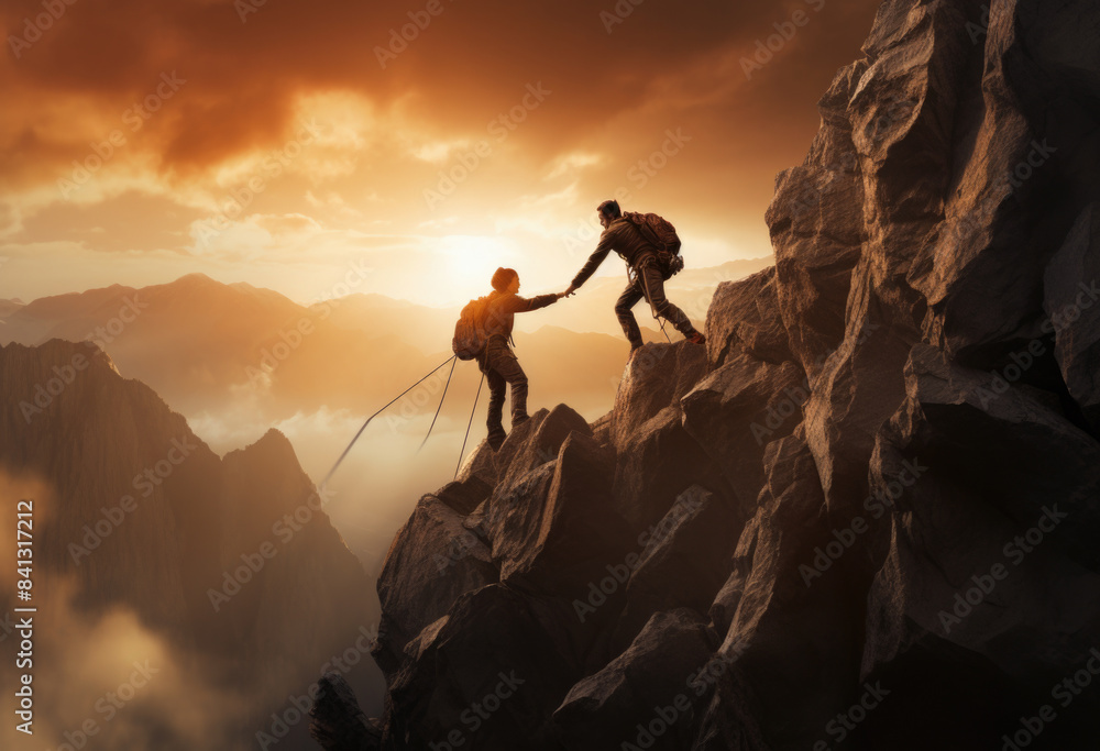 Fototapeta premium Hikers climbing on rock, mountain at sunset, one of them giving hand and helping to climb. Help, support, assistance in a dangerous situation.