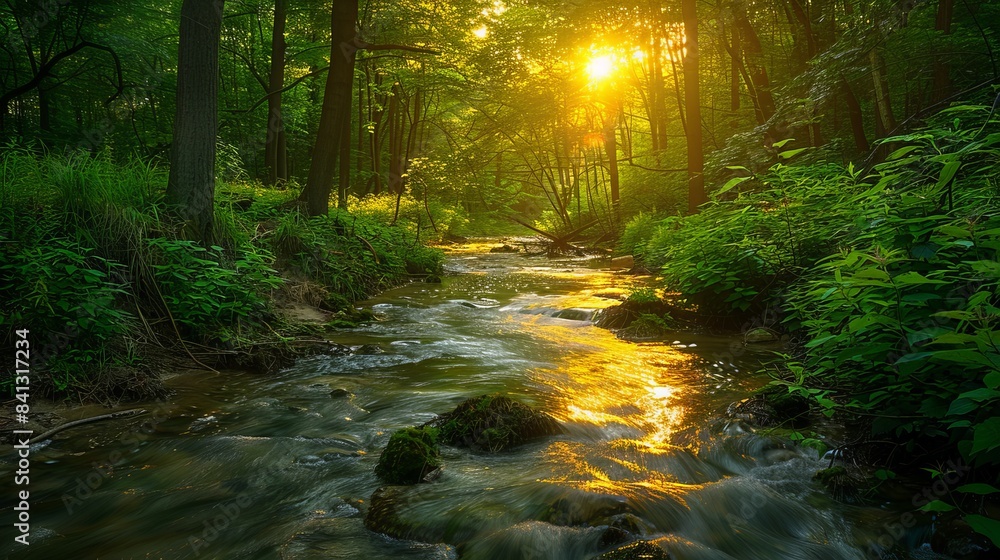 Fototapeta premium Capture the serene beauty of a lush green forest under the golden rays of the sun, where a winding river leads the eye through the scene in perfect harmony with the rule of thirds