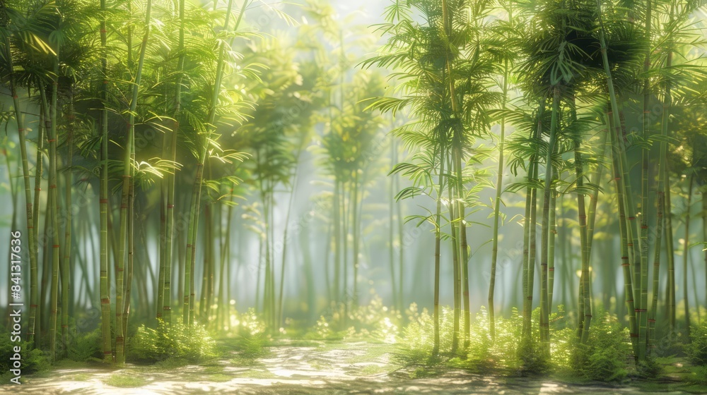 Fototapeta premium Elegant bamboo grove featuring tall, straight trunks and delicate light green leaves, perfect for evoking a peaceful and natural setting