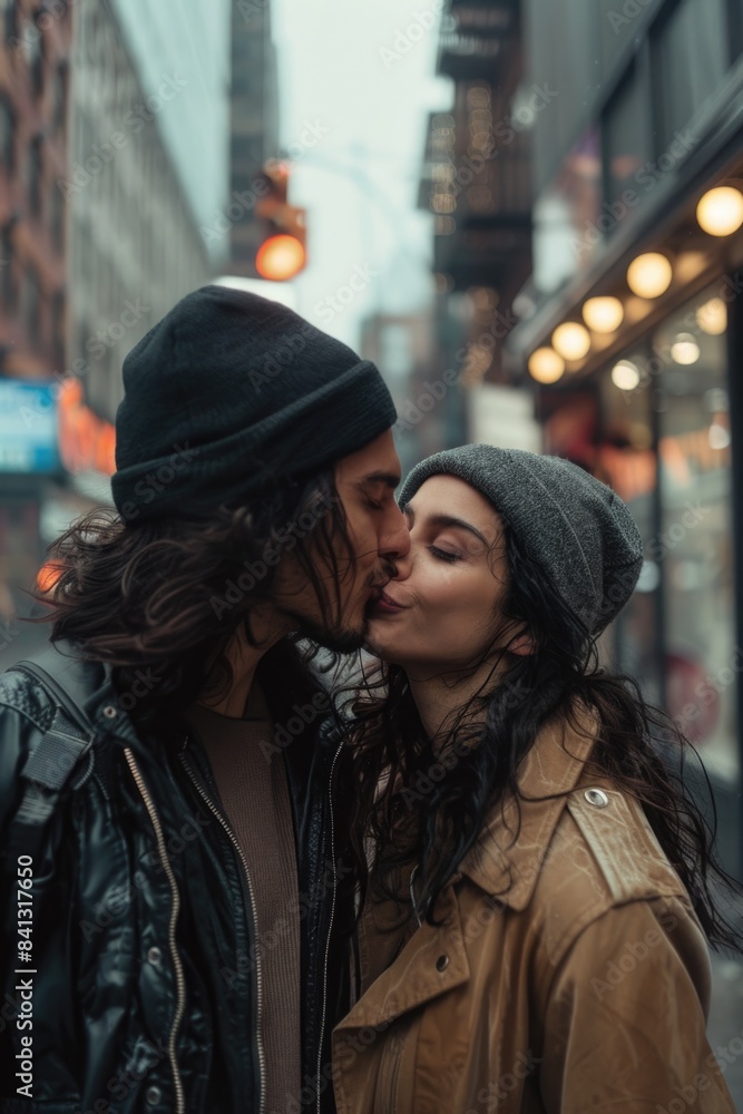 Obraz premium A romantic moment between two people in an urban setting