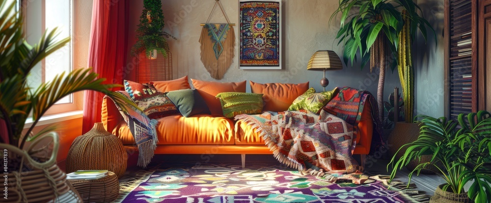 Illustrate a vibrant bohemian-style living room with colorful textiles, eclectic patterns, and an array of indoor plants Illustrate a vibrant bohemian-style living room with colorful textiles, eclectic patterns, and an array of indoor plants