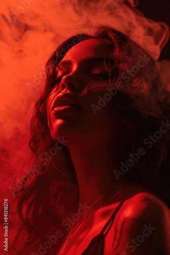 A close-up photo of a woman holding a cigarette between her lips, with a neutral background