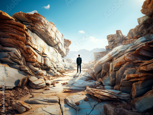 A person exploring a canyon with dramatic rock formations under a blue sky, concept of adventure. Generative AI