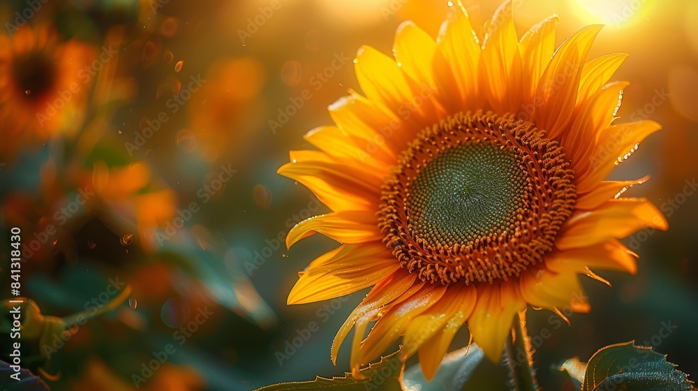 Naklejka premium Focus on a blooming sunflower at golden hour
