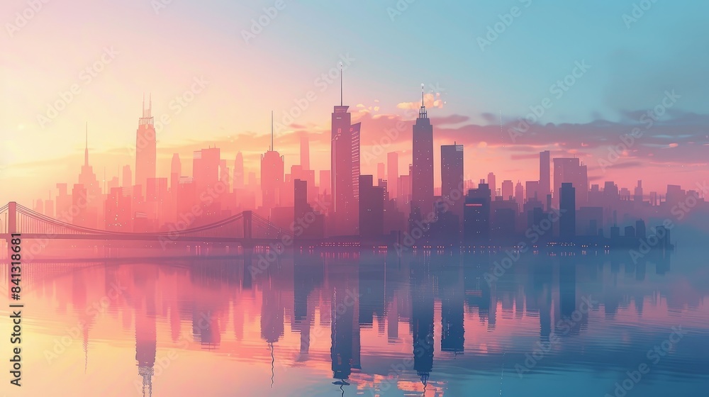 Illustrate a city skyline at sunrise
