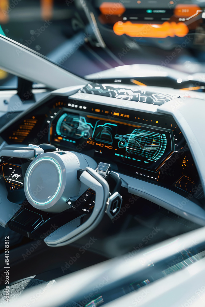 Advanced Futuristic Car Dashboard With Touch screen Controls. Luxury vehicle interior in white color. Futuristic concept of innovative technology car Advanced Futuristic Car Dashboard With Touch screen Controls. Luxury vehicle interior in white color. Futuristic concept of innovative technology car