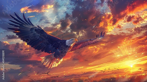 Illustrate a majestic eagle soaring gracefully through a radiant sunset