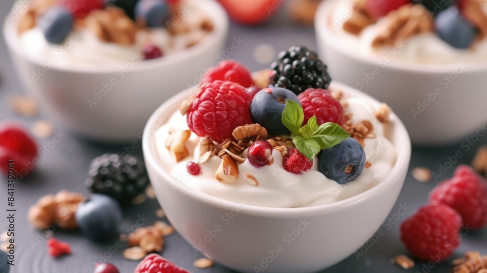 A healthy snack featuring a bowl of yogurt topped with fresh berries and crunchy granola A healthy snack featuring a bowl of yogurt topped with fresh berries and crunchy granola