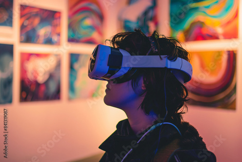 a man wearing a virtual reality headset in front of a wall of paintings