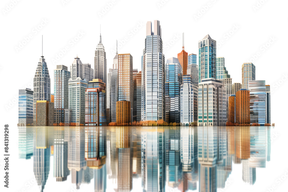 High rise buildings isolated on transparent background. City downtown with skyscrapers isolated on white background