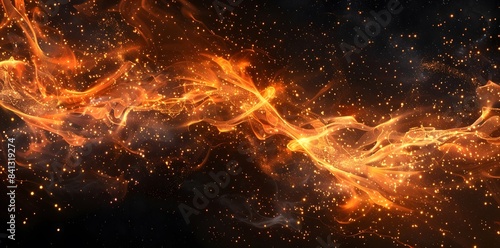 a background of dark space with orange and purple sparks  smoke on the right side  stars in black sky
