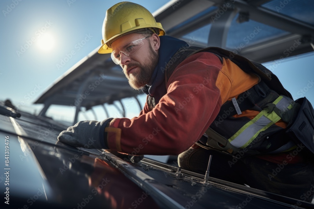 Worker installing solar panel on roof, suitable for renewable energy or construction use Worker installing solar panel on roof, suitable for renewable energy or construction use