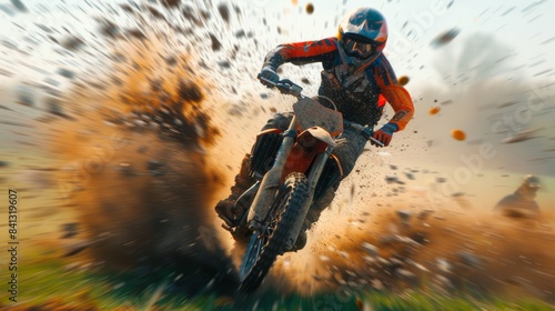 Closeup dirt biking bike, balance, and motion blur with sportsman on space. Motorcycle fitness and performance with a fast off-road driver for freedom or challenge © LukaszDesign