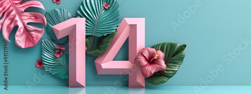 Minimal 3D Decorative Number 14 with Tropical Floral Accents on Bright Colorful Background photo
