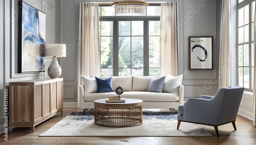 A living room with gray walls, white curtains and blue accents, featuring an elegant sofa, sideboard cabinet, armchair, wooden floor ai generative