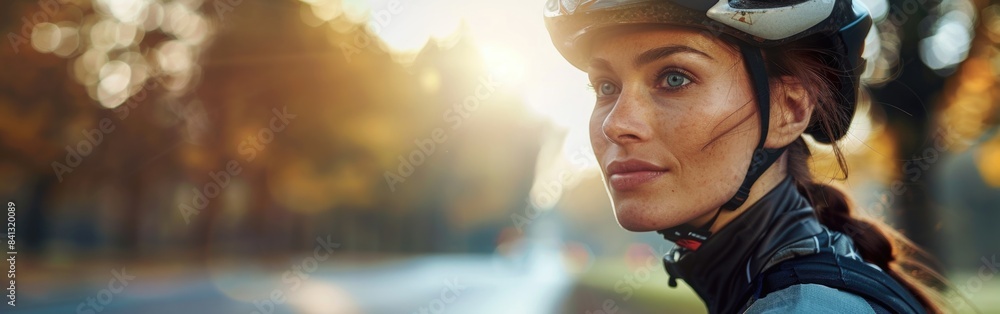 A woman wearing a helmet is riding a bike in the city A woman wearing a helmet is riding a bike in the city