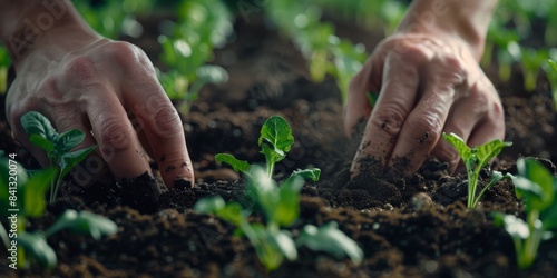 Sustainable farming and veggies require farmer hands  plants  and fertilizer. Agrobusinessperson with sprout  soil  and green leaf growth  gardening  or development