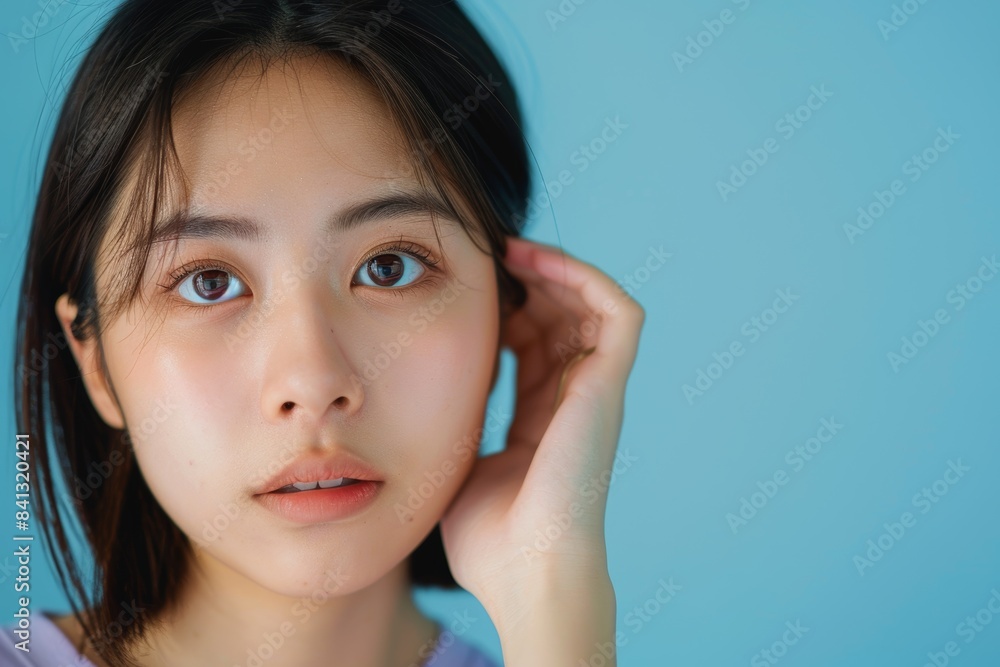 Asian woman pondering, choosing, and solving problems on blue studio background. Solution, Japanese person or model brainstorming, doubt, mockup space with inquiries or emoji Asian woman pondering, choosing, and solving problems on blue studio background. Solution, Japanese person or model brainstorming, doubt, mockup space with inquiries or emoji