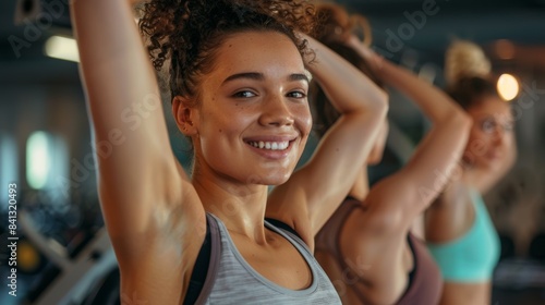 Women stretching in studio for fitness, training, or warm up on hazy background. Friends, gym stretch and pilates for cardio, flexible or healthy lifestyle, joyful and relaxed © LukaszDesign
