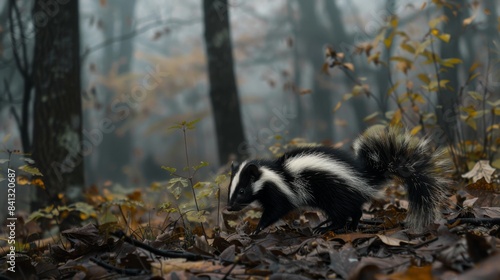 Skunk Exploring Misty Autumn Forest Floor