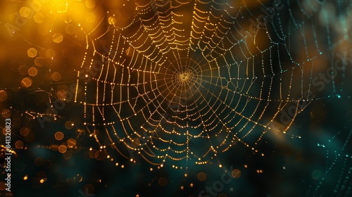 Zoom in on a dew-kissed spider web, each delicate strand glistening in the morning light, creating a mesmerizing bokeh effect that draws the viewer into the intricate web world