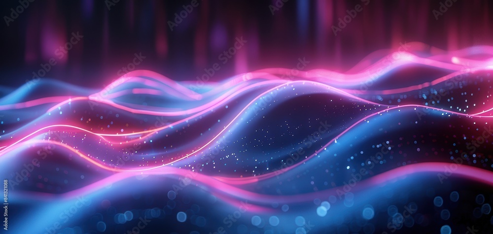 Abstract digital landscape with blue and pink neon waves and glowing particles, futuristic technology background. Abstract digital landscape with blue and pink neon waves and glowing particles, futuristic technology background.