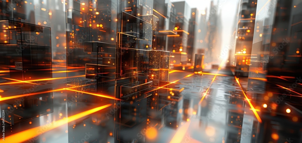 Fototapeta premium Abstract futuristic digital cityscape with glowing orange lines and tall structures, representing technology and innovation.