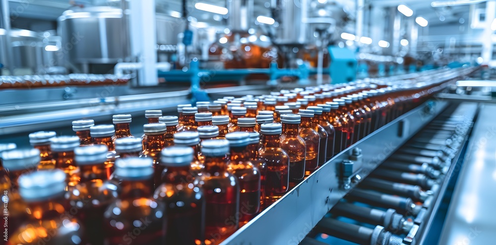 Fototapeta premium glass vials filled with brown liquid on the conveyor belt in a production line at a factory for the medical and health product industry