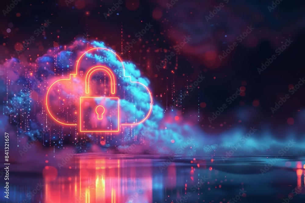 Neon cloud with a glowing locked padlock, symbolizing data protection and cybersecurity in a digital environment Neon cloud with a glowing locked padlock, symbolizing data protection and cybersecurity in a digital environment