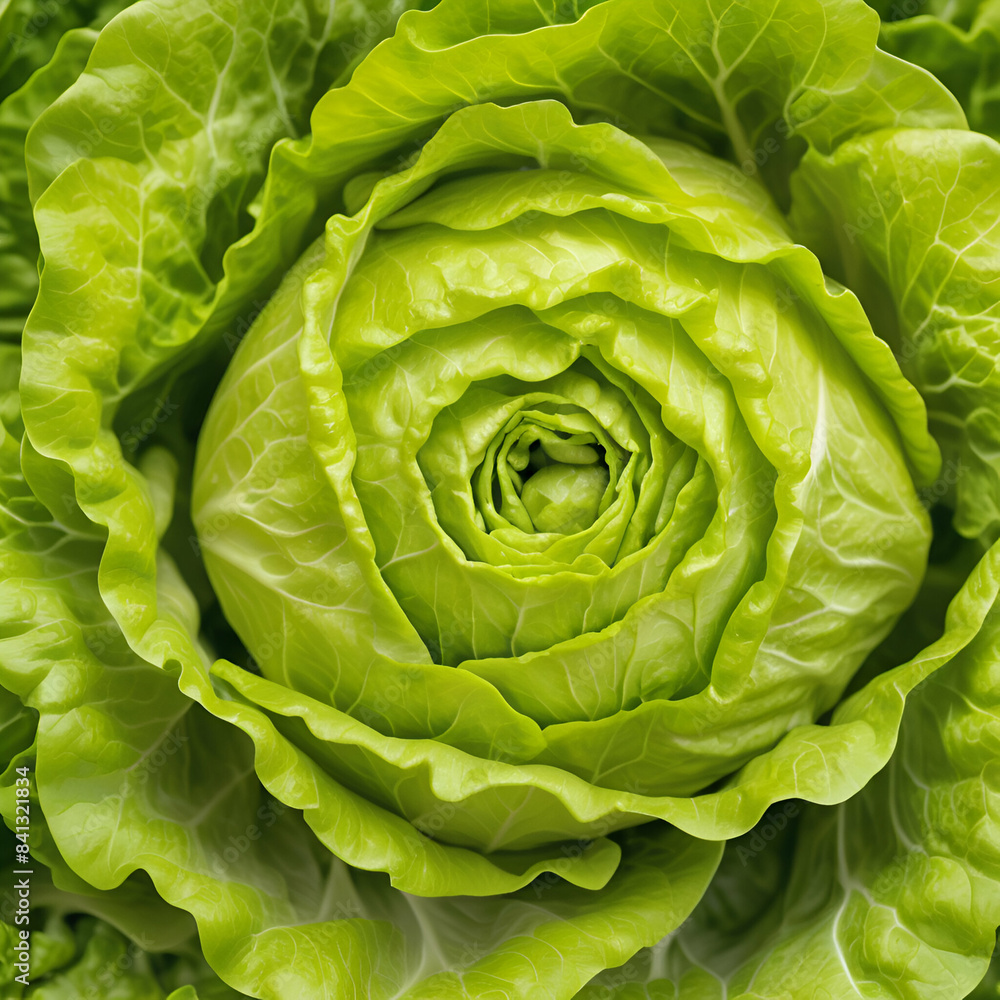 Fototapeta premium Detailed top view of fresh lettuce leaves forming a beautiful green pattern, focusing on natural textures. Background texture. 