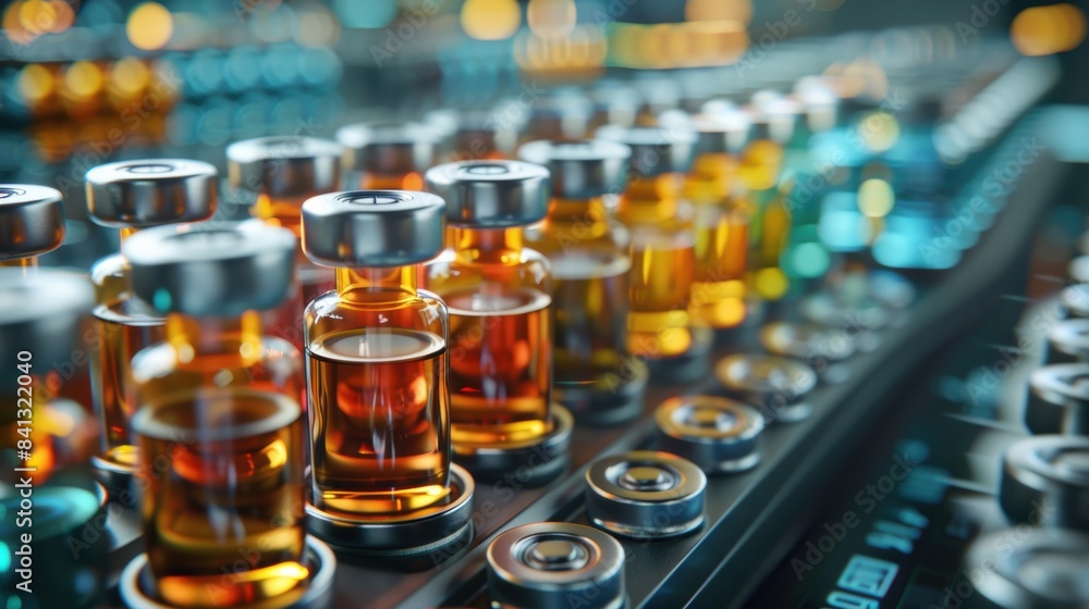 Close-up of pharmaceutical vials with amber liquid on an automated production line in a modern laboratory setting. Close-up of pharmaceutical vials with amber liquid on an automated production line in a modern laboratory setting.