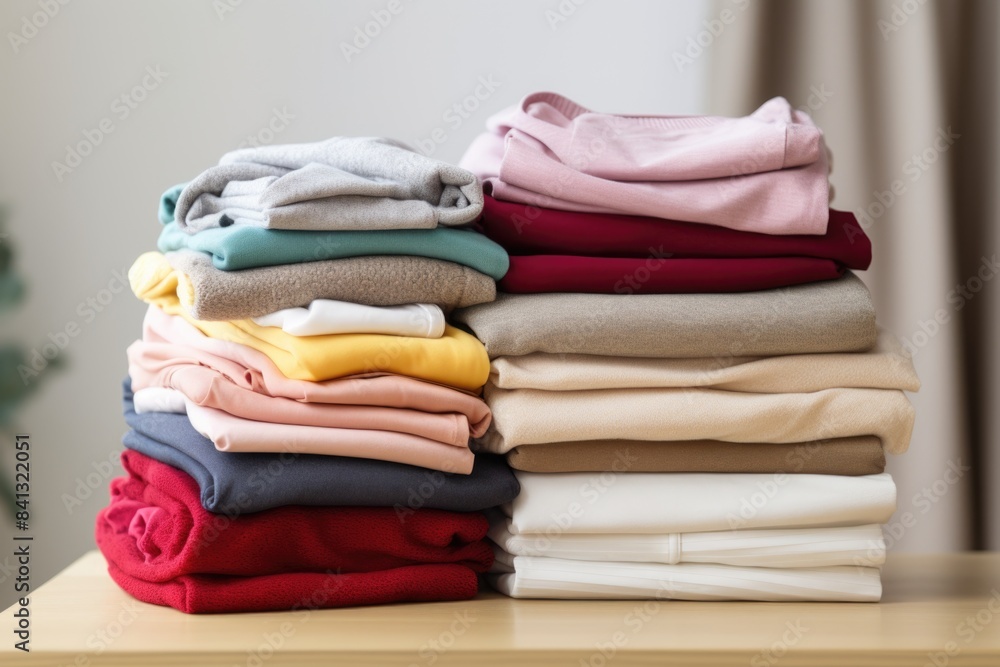 A stack of folded clothes sitting on a wooden table A stack of folded clothes sitting on a wooden table