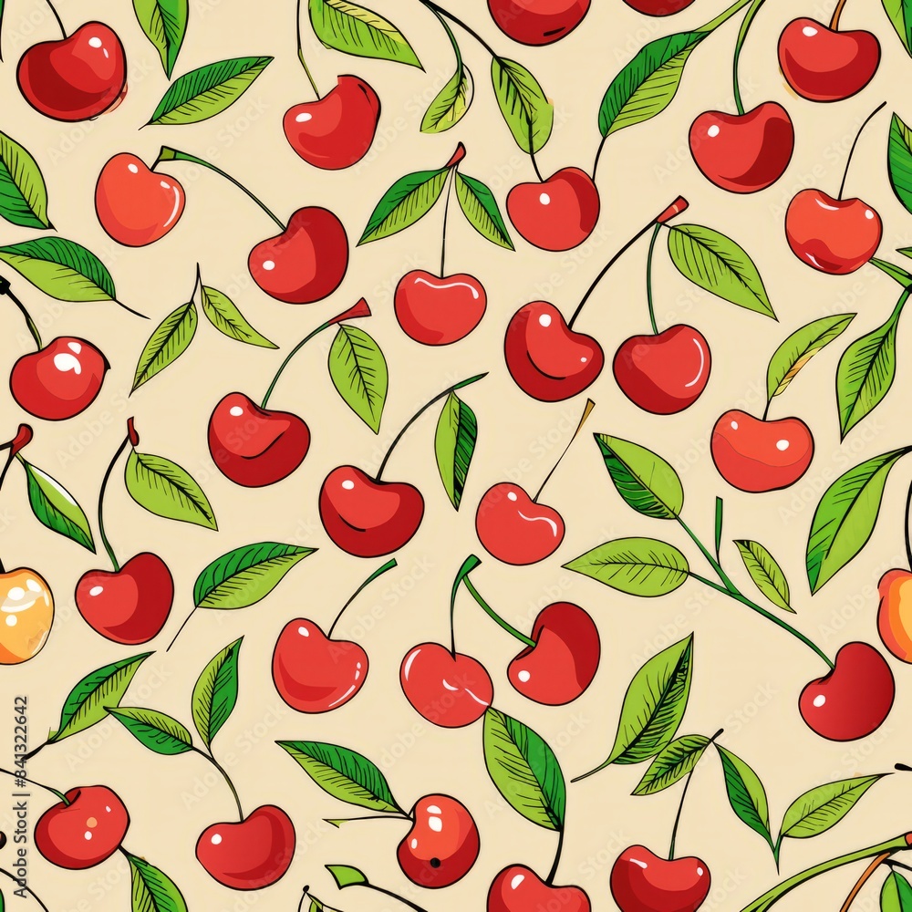 Seamless pattern of hand-drawn cherries with stems and leaves, some paired and some single, Generative AI Seamless pattern of hand-drawn cherries with stems and leaves, some paired and some single, Generative AI