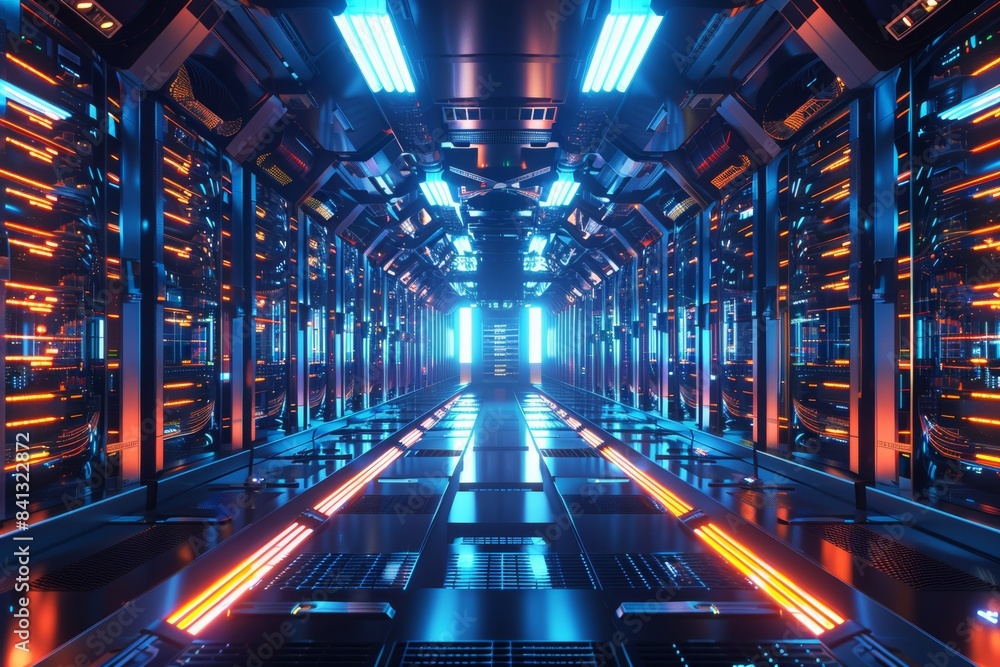 A futuristic data center complete with server racks and LED lighting focuses on database storage. It is a state-of-the-art facility designed to store and manage vast amounts of digital data. A futuristic data center complete with server racks and LED lighting focuses on database storage. It is a state-of-the-art facility designed to store and manage vast amounts of digital data.