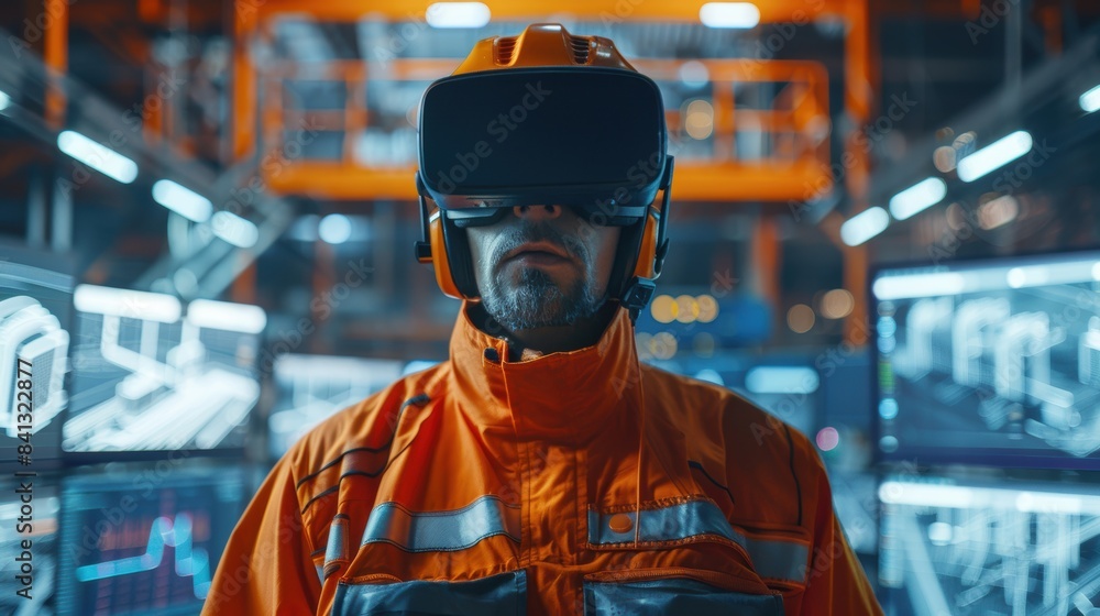 Engineer in orange uniform and VR headset explores virtual industrial environment with futuristic tech and bright lighting. Engineer in orange uniform and VR headset explores virtual industrial environment with futuristic tech and bright lighting.